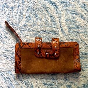 Snake skin, leather and suede zipper snap wallet clutch